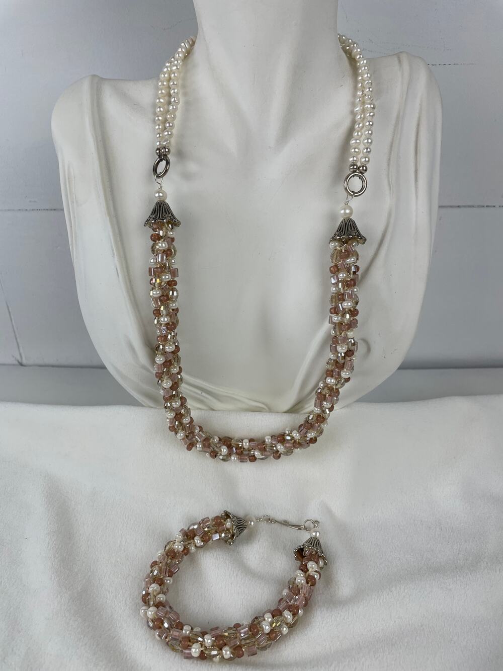 Kumihimo Braided Dusty Mauve Crystal & Pearl Beaded Rope Necklace/Bracelet